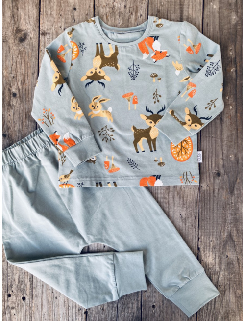 Detské pyžamko s rastúcimi manžetami Lesné zvieratká na mineral - klasik strih