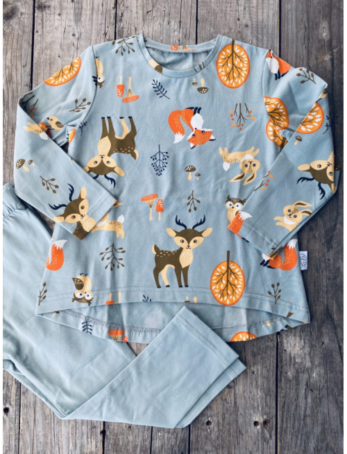 Detské pyžamko s rastúcimi manžetami Lesné zvieratká na mineral - tunikový strih