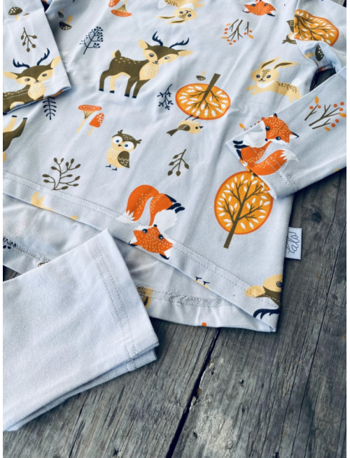 Detské pyžamko s rastúcimi manžetami Lesné zvieratká na sivej - tunikový strih