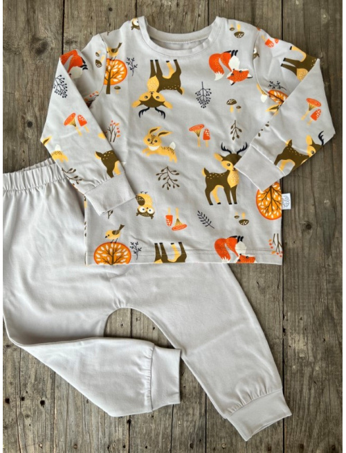 Detské pyžamko s rastúcimi manžetami Lesné zvieratká na sivej - klasik strih