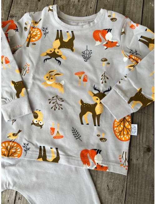 Detské pyžamko s rastúcimi manžetami Lesné zvieratká na sivej - klasik strih