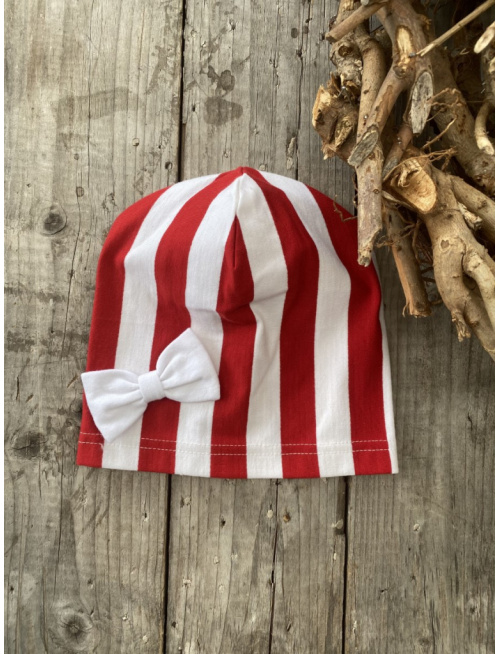 Pásikavá šmolko čiapka s mašličkou - jednovrstvová