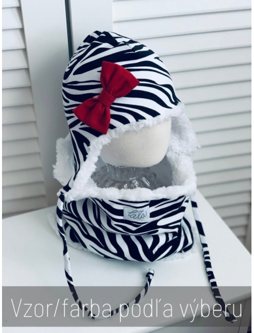 Tepláková ušiačka s mašličkou podšitá barančekom - dvojvrstvová