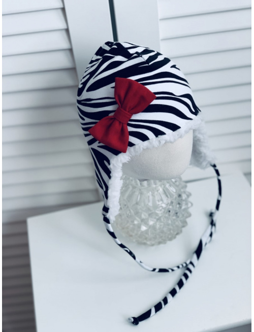 Tepláková ušiačka s mašličkou podšitá barančekom - dvojvrstvová