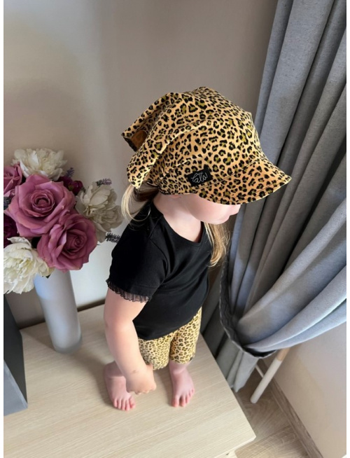 Úpletová šatka SUMMER so šiltom - na viazanie - LEOPARD na horčicovej