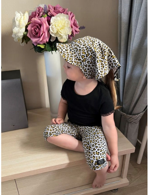 Úpletová šatka SUMMER so šiltom - na viazanie - LEOPARD na sivej