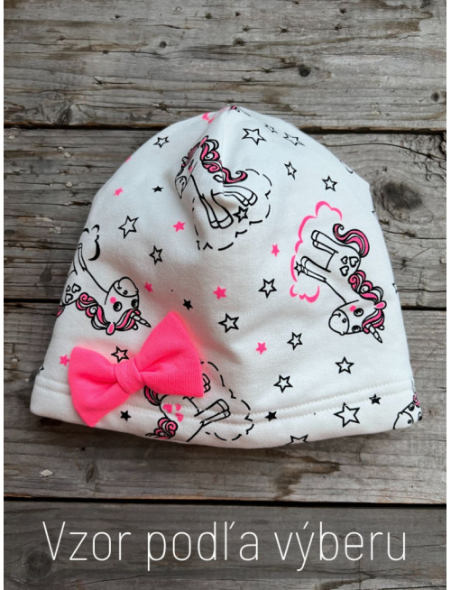 Vzorovaná šmolko čiapka s mašličkou - podšitá barančekom
