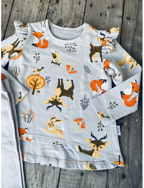 Detské pyžamko Lesné zvieratká na sivej - tunikový strih s volánikom - POSLEDNÝ KUS