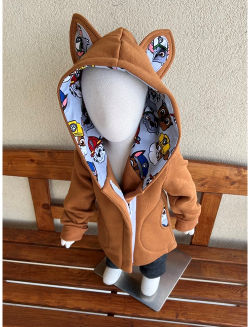 Rastúci kabátik so šikmozipsom, uškami a podšitou kapucňou - kombinovaný -počesaná teplákovina