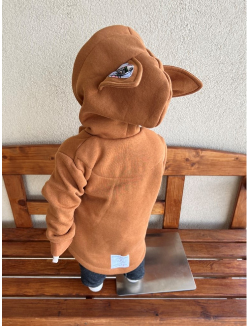 Rastúci kabátik so šikmozipsom, uškami a podšitou kapucňou - kombinovaný -počesaná teplákovina