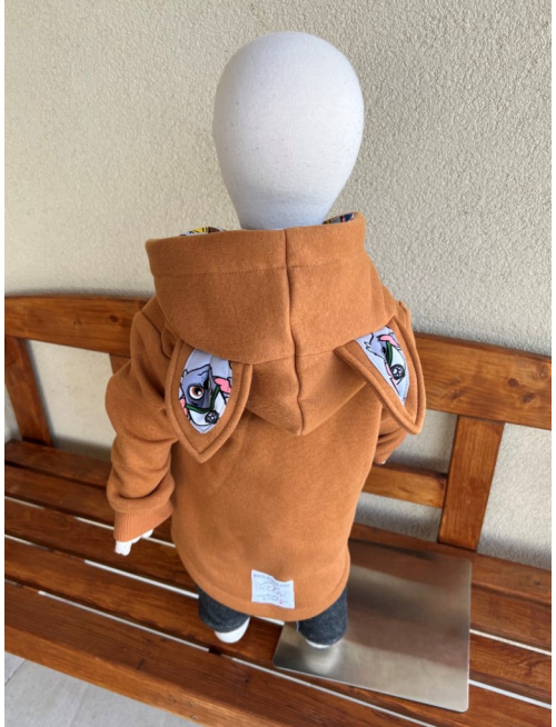 Rastúci kabátik so šikmozipsom, uškami a podšitou kapucňou - kombinovaný -počesaná teplákovina