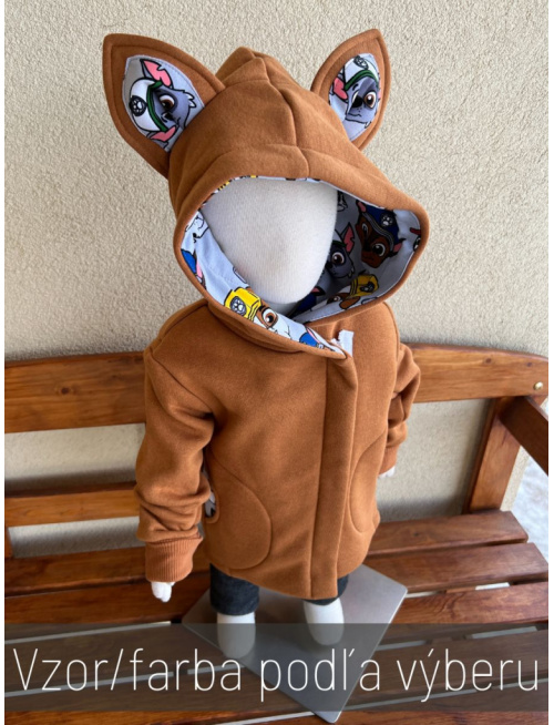 Rastúci kabátik so šikmozipsom, uškami a podšitou kapucňou - kombinovaný -počesaná teplákovina