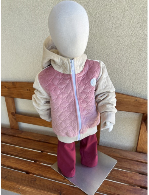 Podšitá bomber bunda zo semišového prešiváku s kapucňou - kombinovaná