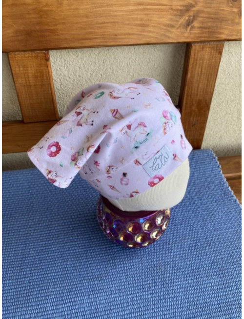 Vzorovaná úpletová šatka bez šiltu na pevno LORY - Jednorožec a zmrzlina