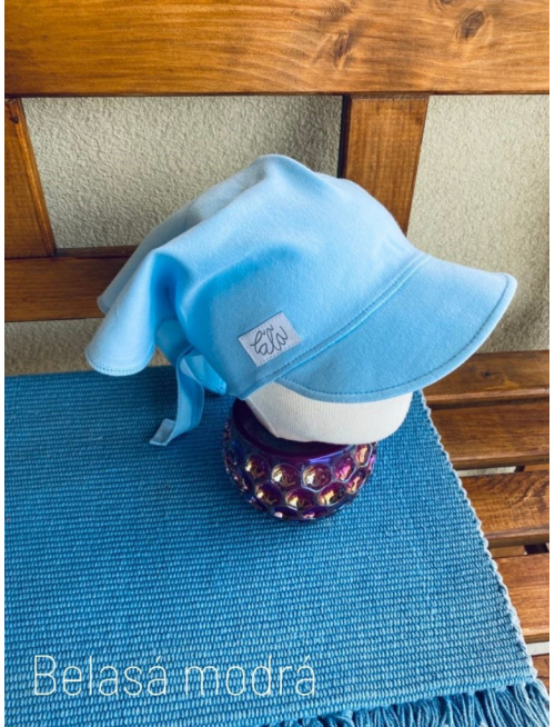 Úpletová šatka so šiltom na viazanie SUMMER - belasá modrá - LEN DO VYPREDANIA