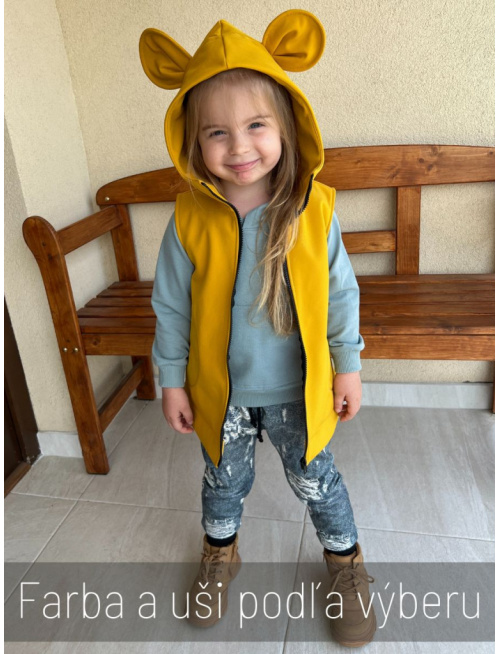 Rastúca softshell vesta so stojačikovou kapucňou - DOMI s uškami - jeseň/ZIMA