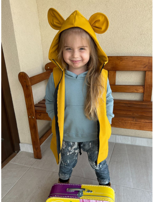 Rastúca softshell vesta so stojačikovou kapucňou - DOMI s uškami - jeseň/ZIMA