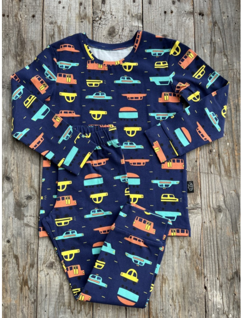 Detské pyžamko s rastúcimi manžetami AUTOPREMÁVKA NA TMAVOMODREJ - klasik strih