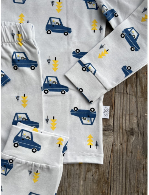 Detské pyžamko s rastúcimi manžetami OSOBNÉ AUTÁ NA SIVOM - klasik strih