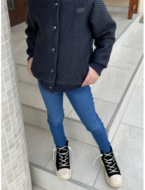 MOTO Podšitá bomber bunda z koženkového prešiváku - tmavomodrá