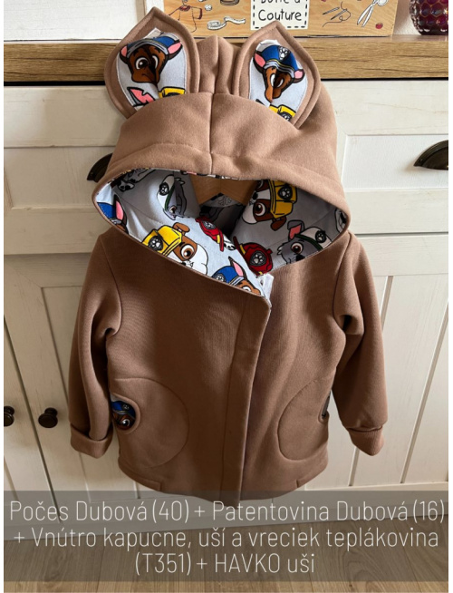 Rastúci kabátik so šikmozipsom, uškami a podšitou kapucňou - kombinovaný -počesaná teplákovina