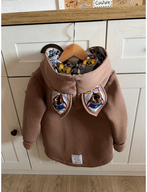 Rastúci kabátik so šikmozipsom, uškami a podšitou kapucňou - kombinovaný -počesaná teplákovina