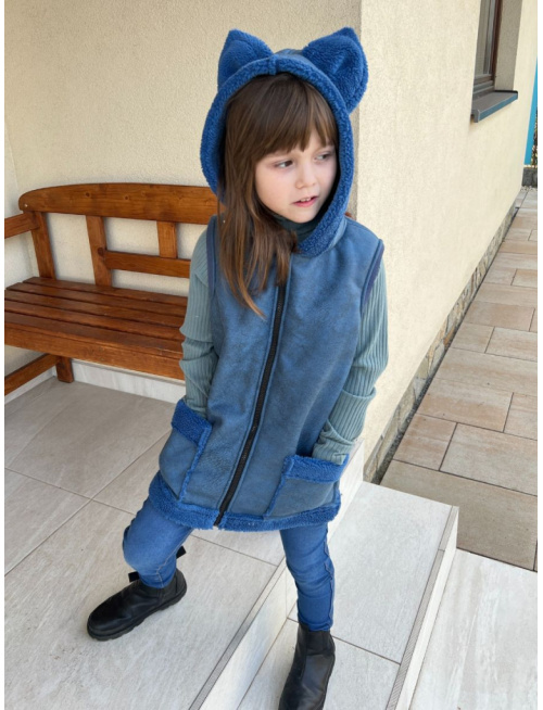 Teddy vesta s uškami - ALEX - rovno zips - petrolej - Líška/vlk