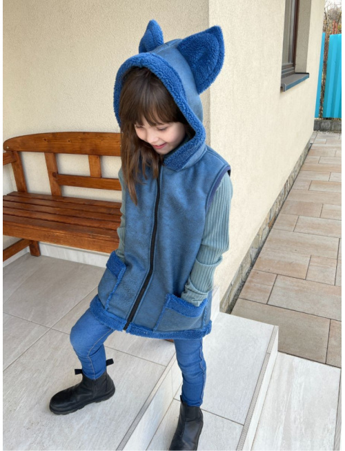 Teddy vesta s uškami - ALEX - rovno zips - petrolej - Líška/vlk