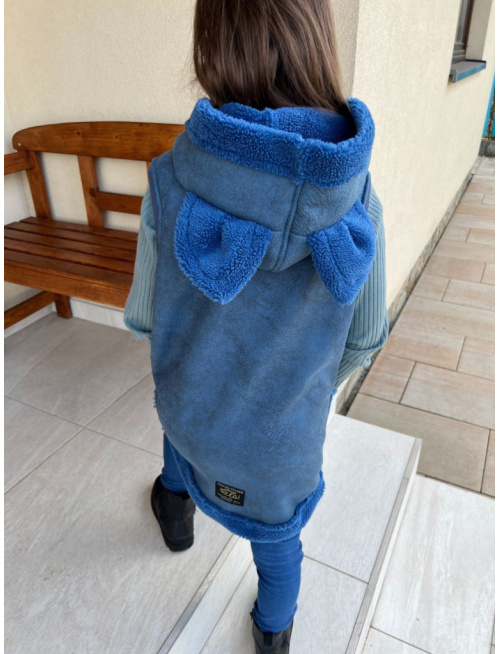 Teddy vesta s uškami - ALEX - rovno zips - petrolej - Líška/vlk