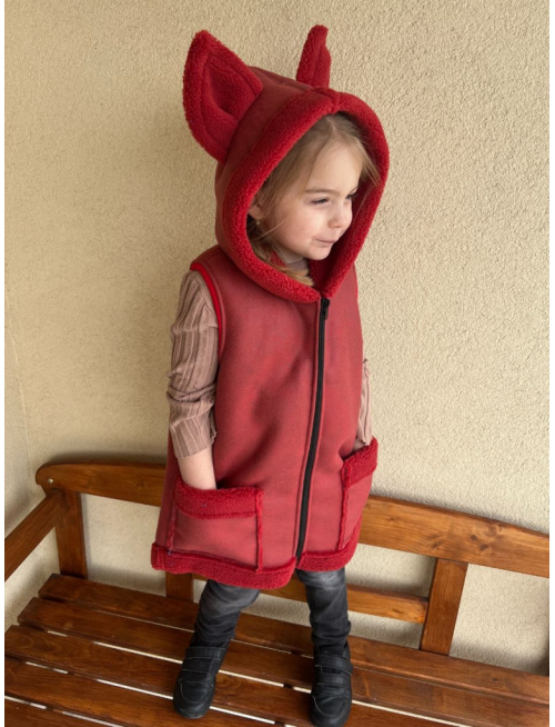 Teddy vesta s uškami - ALEX - rovno zips - terakota - Líška