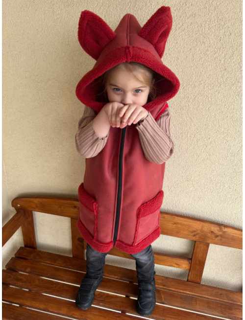 Teddy vesta s uškami - ALEX - rovno zips - terakota - Líška