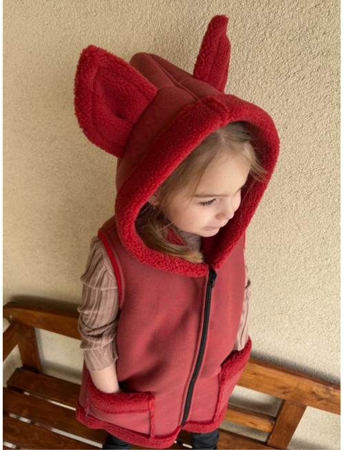 Teddy vesta s uškami - ALEX - rovno zips - terakota - Líška