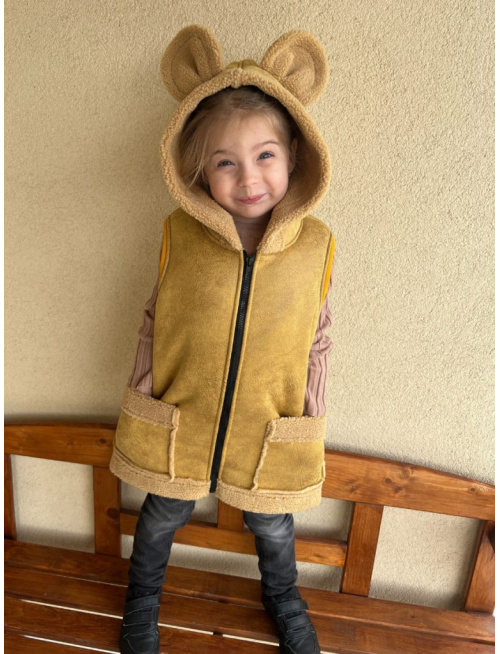 Teddy vesta s uškami - ALEX - rovno zips - horčicová - Macko