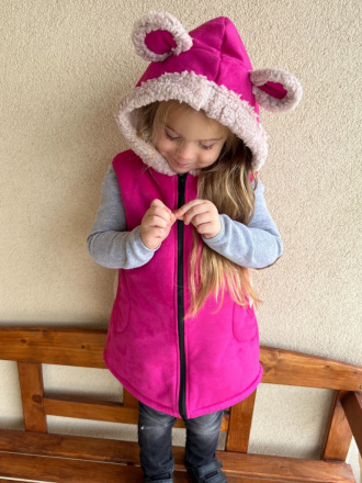 Ultra ľahká Teddy vesta s uškami - RIO - rovno zips - fuchsia - Macko