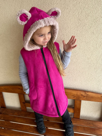 Ultra ľahká Teddy vesta s uškami - RIO - rovno zips - fuchsia - Macko