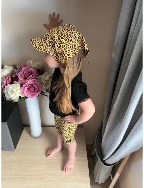 Úpletová šatka SUMMER so šiltom - na viazanie - LEOPARD na horčicovej