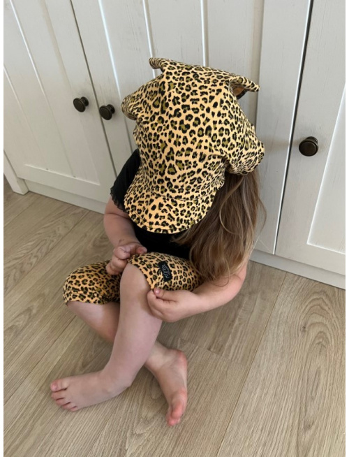 Úpletová šatka SUMMER so šiltom - na viazanie - LEOPARD na horčicovej