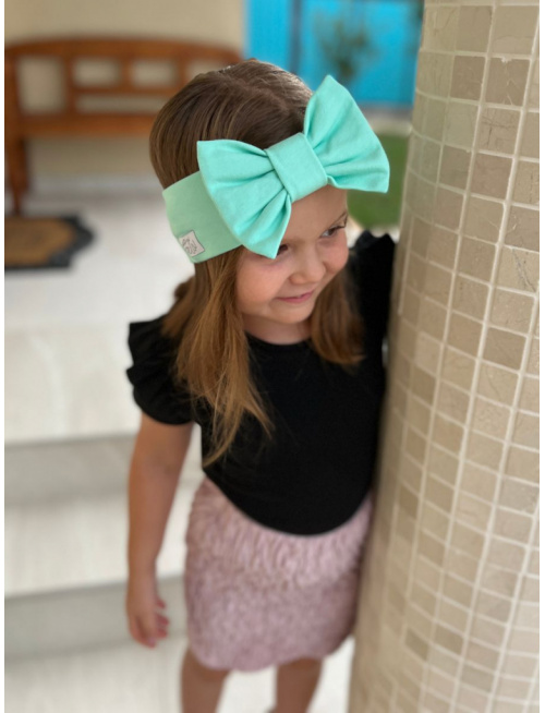 Tepláková čelenka s BIG mašľou - jednofarebná - mentol