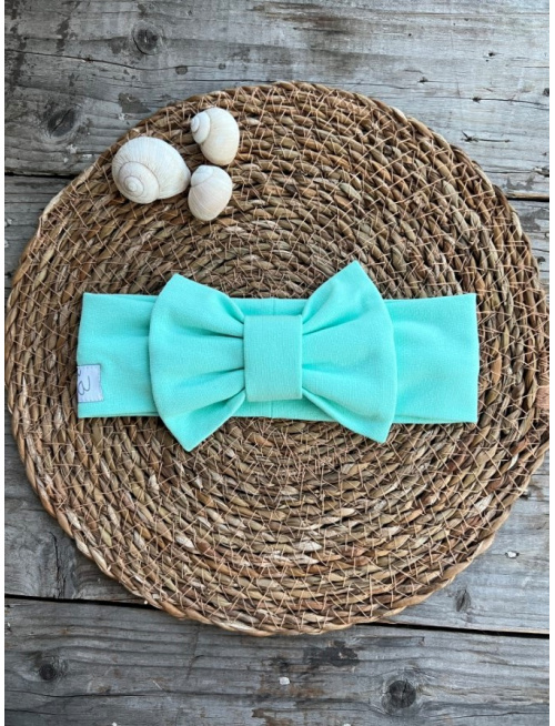 Tepláková čelenka s BIG mašľou - jednofarebná - mentol