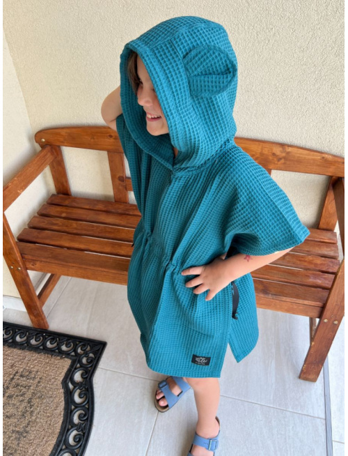 Detské vaflové pončo s uškami podľa výberu - smaragdová