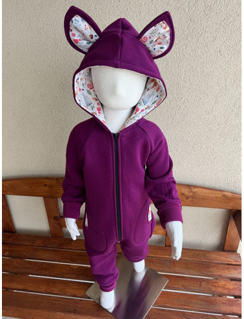 Overal s uškami - počesaná teplákovina + vzor - MAČKA/LÍŠKA/VLK