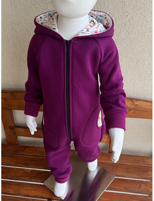 Overal s uškami - počesaná teplákovina + vzor - MAČKA/LÍŠKA/VLK