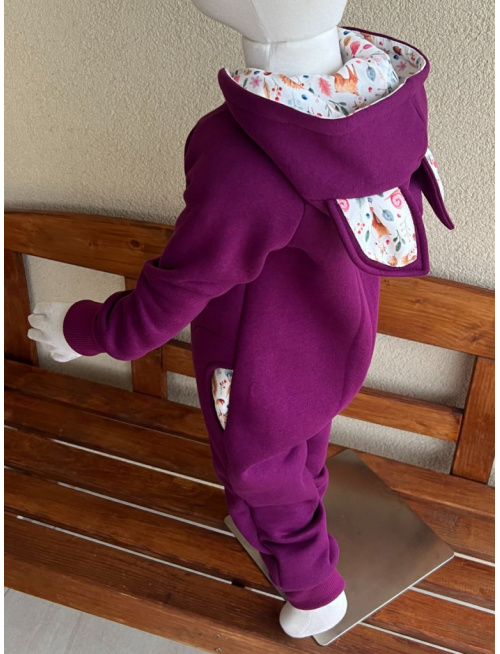 Overal s uškami - počesaná teplákovina + vzor - MAČKA/LÍŠKA/VLK