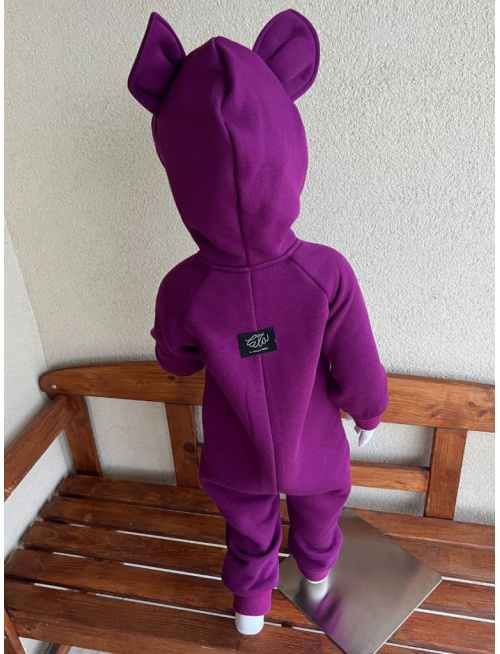 Overal s uškami - počesaná teplákovina + vzor - MAČKA/LÍŠKA/VLK