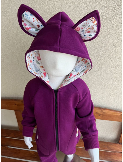 Overal s uškami - počesaná teplákovina + vzor - MAČKA/LÍŠKA/VLK