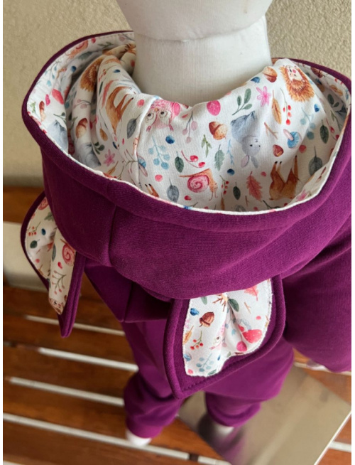 Overal s uškami - počesaná teplákovina + vzor - MAČKA/LÍŠKA/VLK