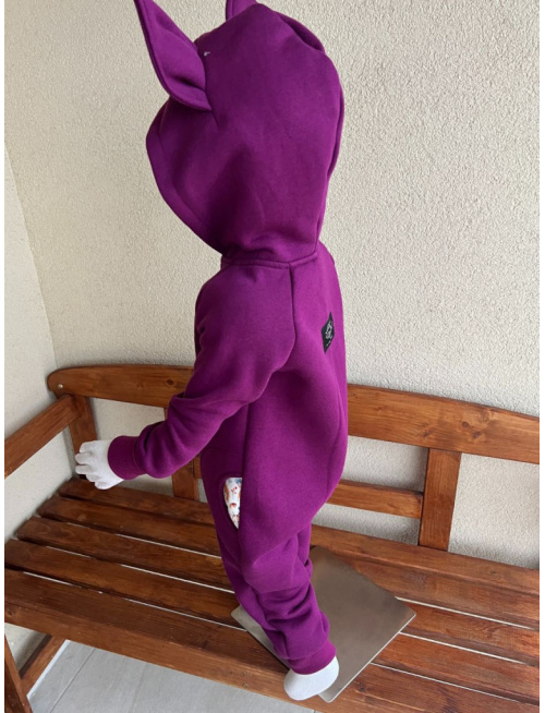 Overal s uškami - počesaná teplákovina + vzor - MAČKA/LÍŠKA/VLK