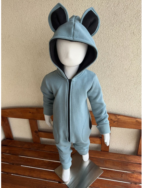 Overal s MAČKA/LÍŠKA/VLK uškami - počesaná teplákovina - holubia