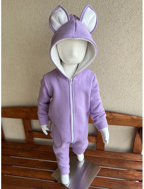 Overal s MAČKA/LÍŠKA/VLK uškami - počesaná teplákovina - lila