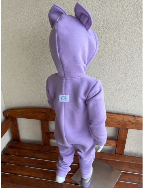 Overal s MAČKA/LÍŠKA/VLK uškami - počesaná teplákovina - lila